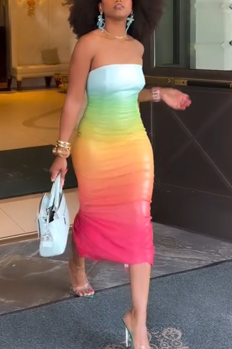 Women Strapless Colorful Elegant Temperament Midi Dresses