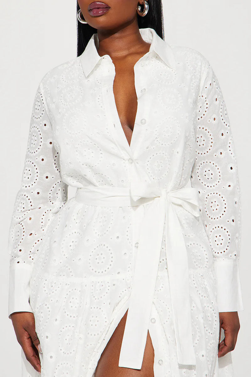 Women's Casual Eyelet Embroidered Button Down Shirt Dress