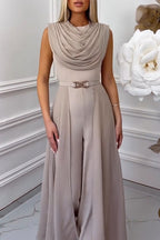 Women Round Neck Patchwork Sleeveless Elegant Temperament Jumpsuit