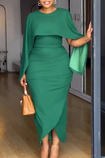 Women Round Neck Patchwork Waist Cinching Solid Color Elegant Temperament Dress