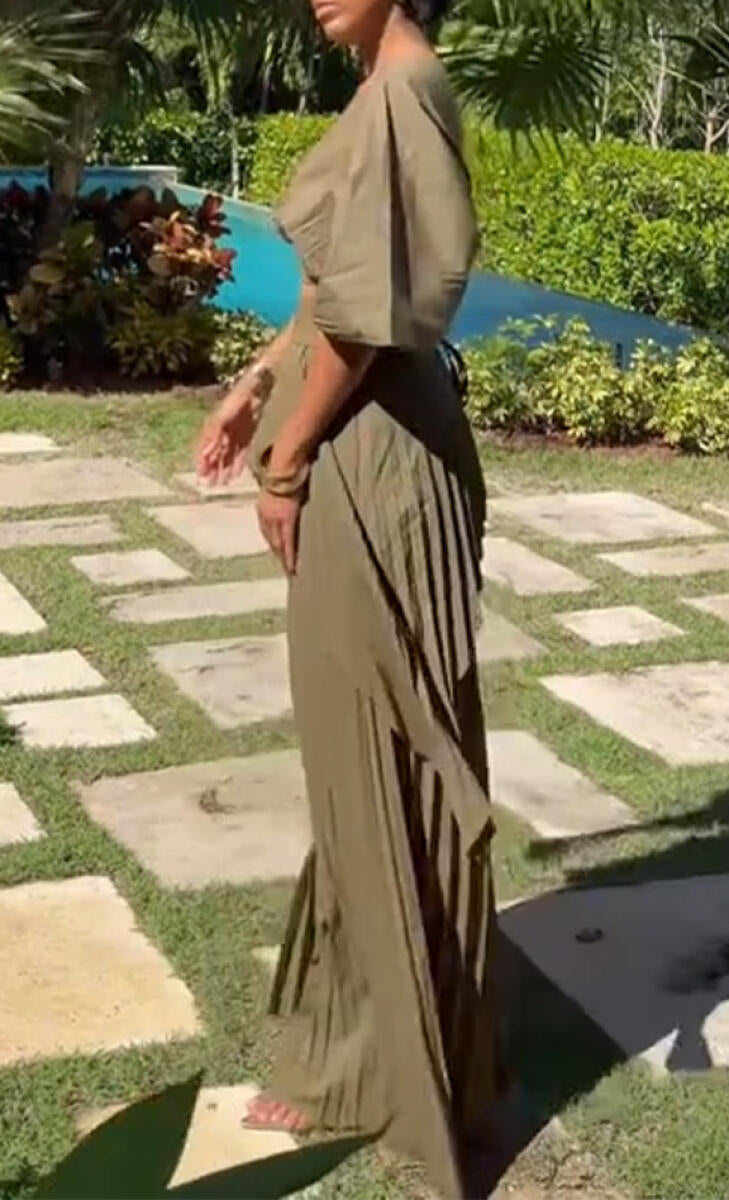 Women V-neck Short Top + Patchwork Pleated Wide Leg Pants Solid Color Temperament Casual Set