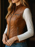 Retro Stand Collar Zipper-up Faux Leather Waistcoat