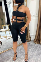 Women's Casual Punk Studded Cutout Halter Biker Short Jumpsuit