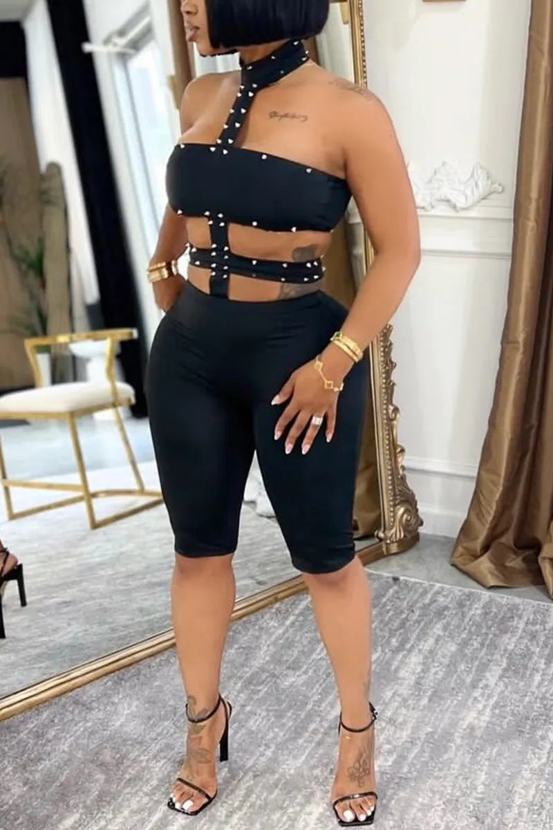 Women's Casual Punk Studded Cutout Halter Biker Short Jumpsuit