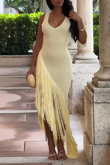 Women's Fashion Asymmetric Hem Fringe Maxi Dress