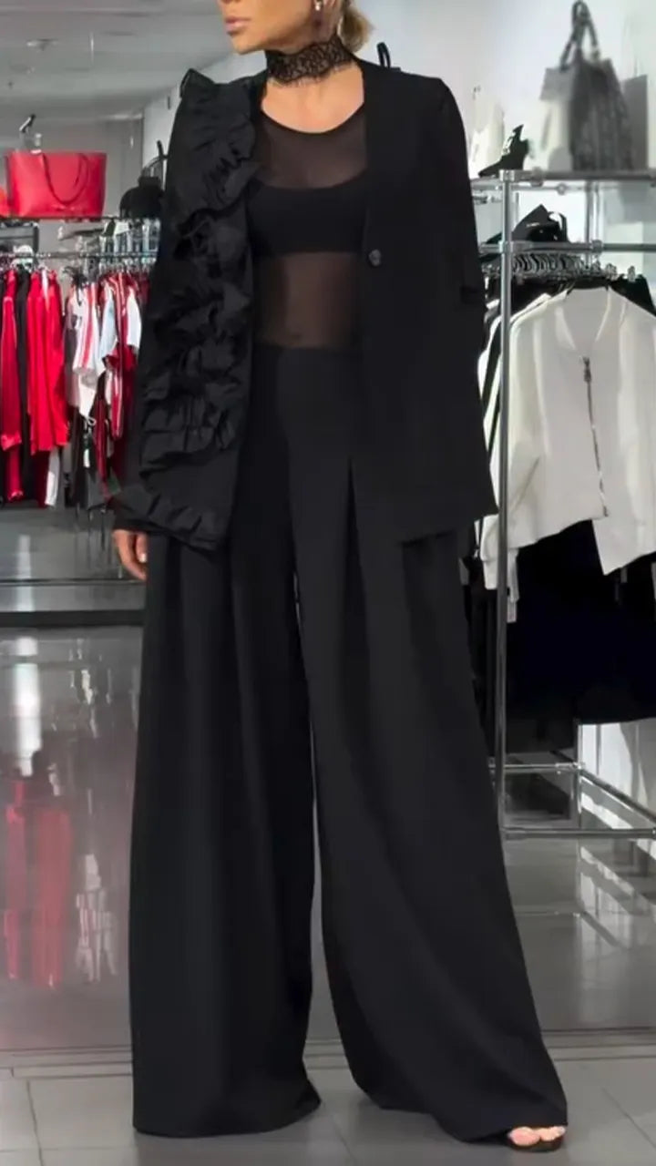 Womens Patchwork Ruffled Vest + Wide Leg Pants Temperament Commuting Set