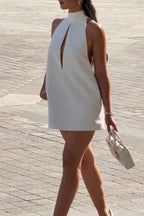 Women Standing Collar Sleeveless Hollow Out Solid Color Elegant Temperament Dress