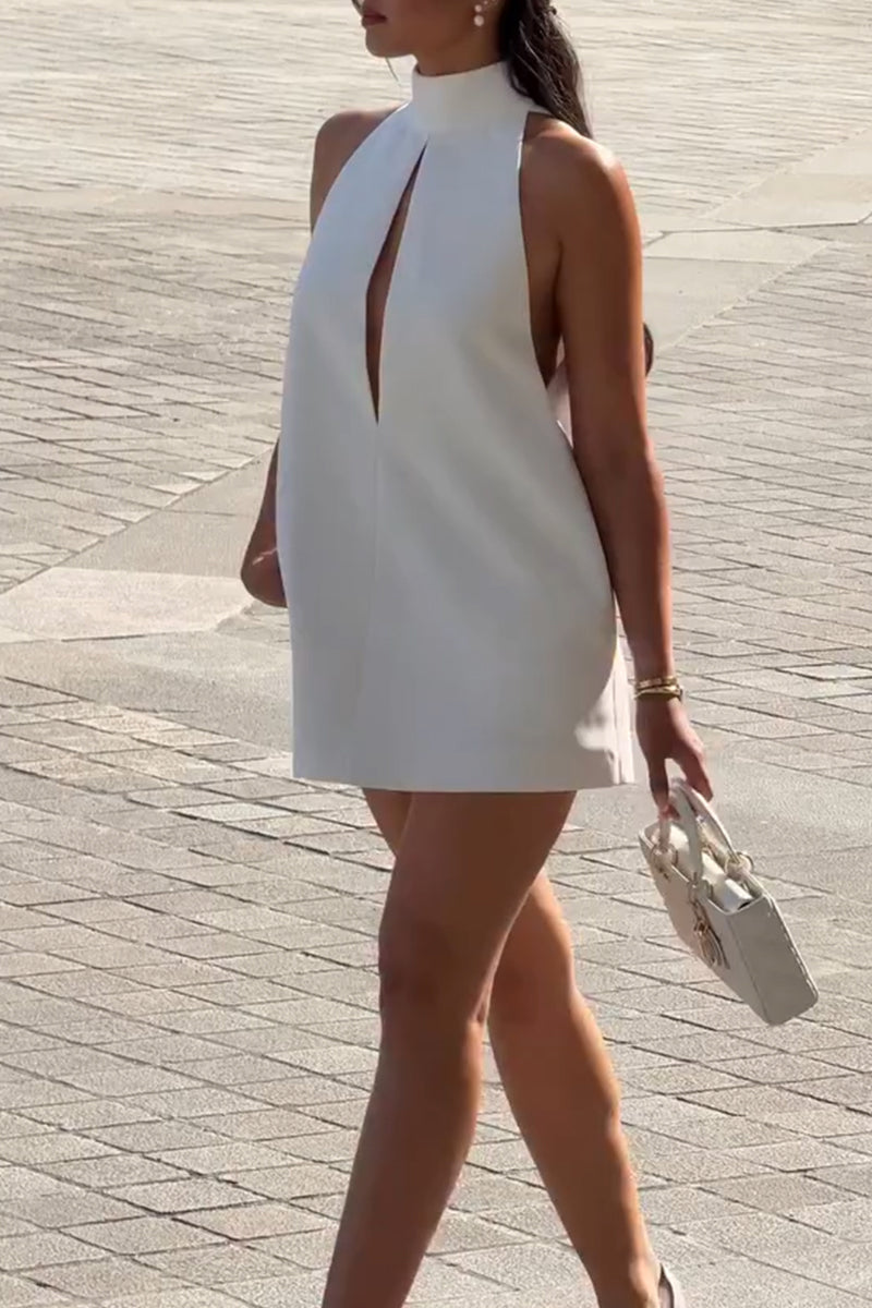 Women Standing Collar Sleeveless Hollow Out Solid Color Elegant Temperament Dress
