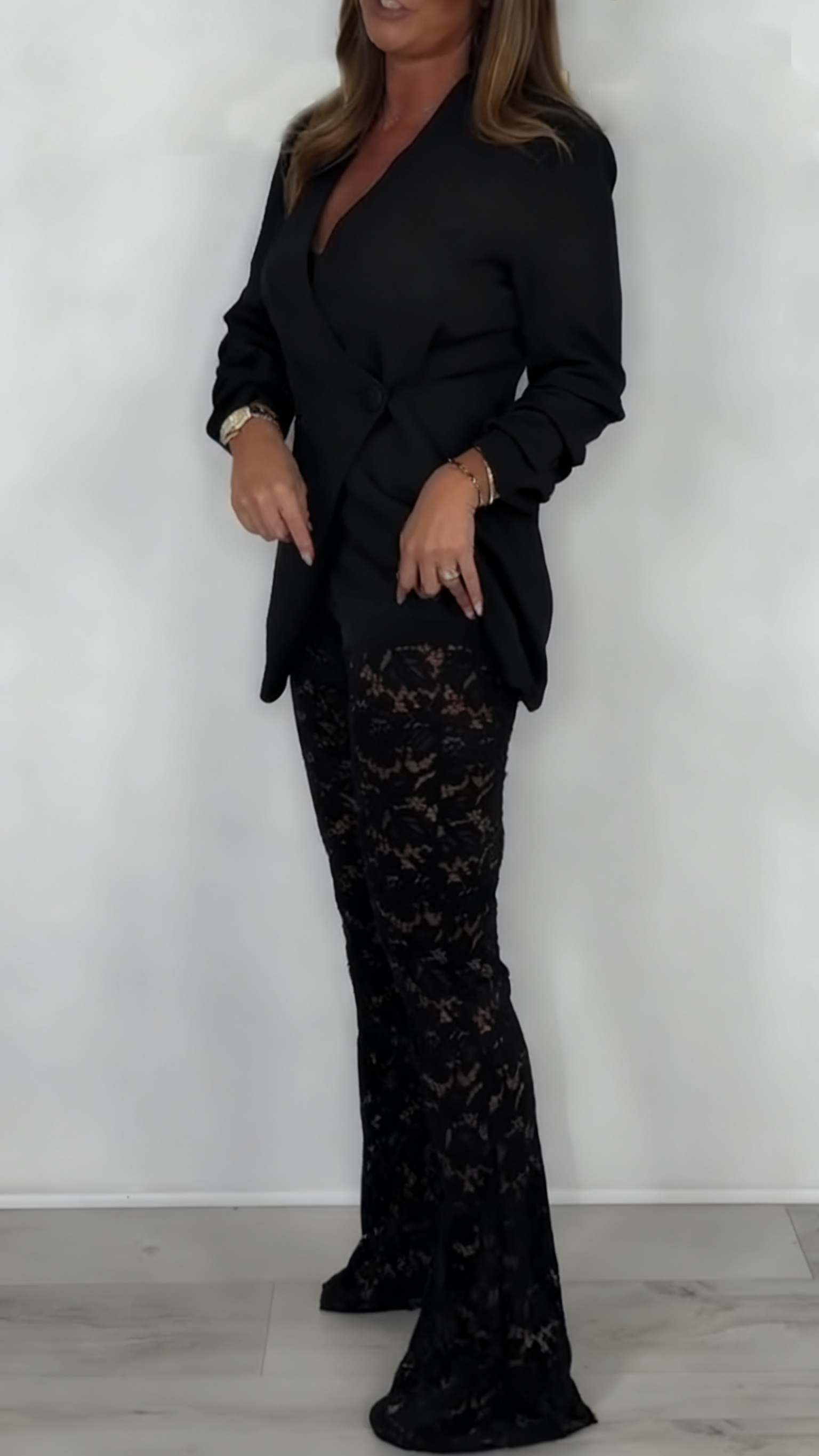 Women Irregular Jacket+ Printed Hollow Lace Pants Temperament Commuting Set