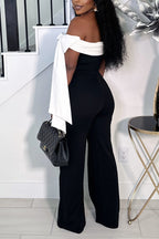 Women's Casual  Off Shoulder Jumpsuit with Contrast White Bow Trim and Straight Leg Pants