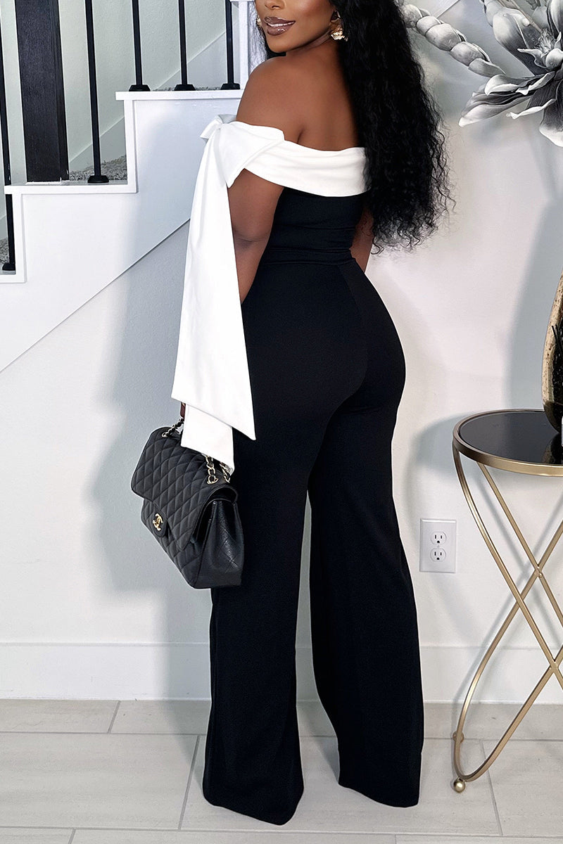 Women's Casual  Off Shoulder Jumpsuit with Contrast White Bow Trim and Straight Leg Pants