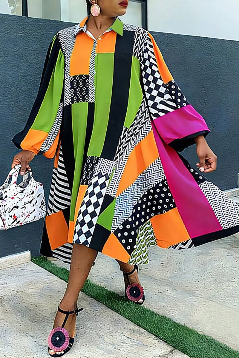 Women's African Ankara Print Patchwork Oversized Shirt Dress