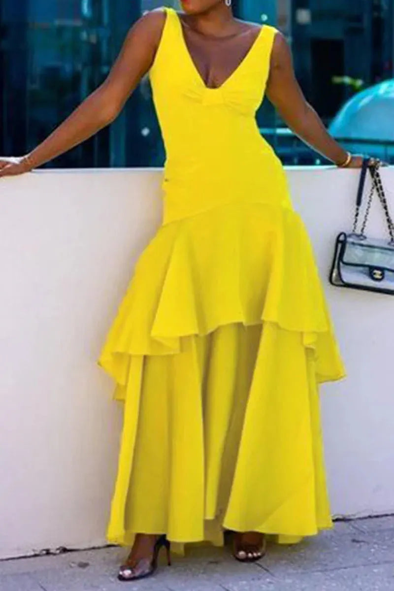 Women's V-Neck Tiered Asymmetrical Hem Maxi Dress