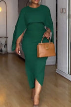 Women Round Neck Patchwork Waist Cinching Solid Color Elegant Temperament Dress