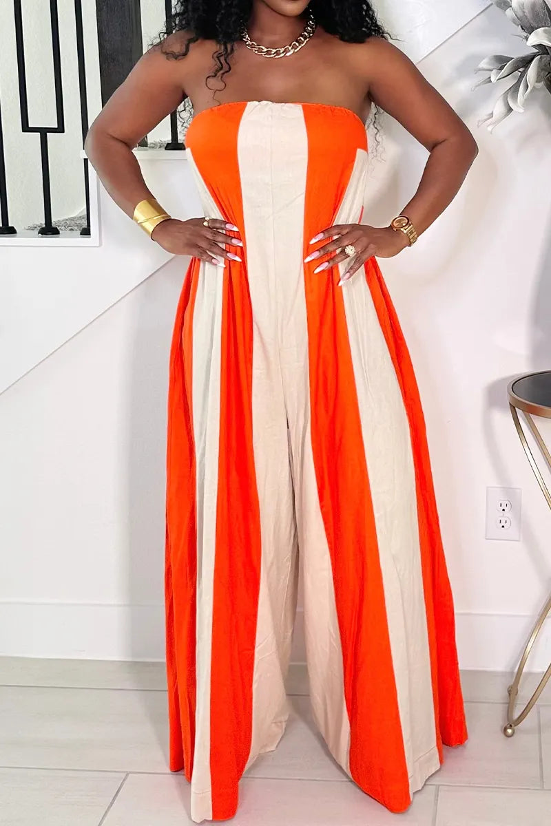 Women's Color Block Striped Tube Top Jumpsuit with Flowy Wide Leg Pants