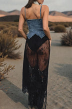 Women's Denim Corset Top And Lace High-Split Maxi Skirt Set