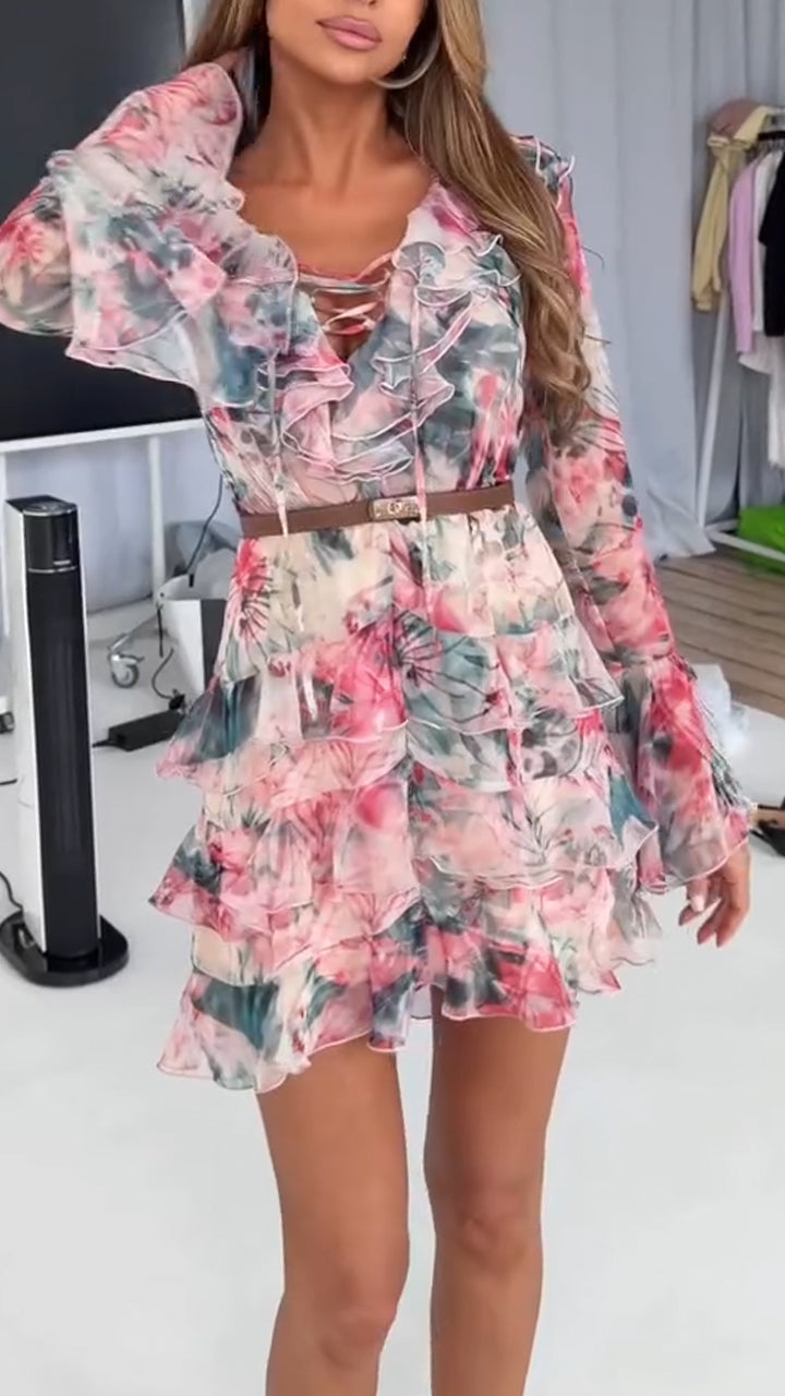Women V-neck Long Sleeved Patchwork Print Elegant Casual Dress