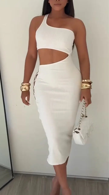 Women One Shoulder Patchwork Hollow Slim Fit Sexy Temperament Dress