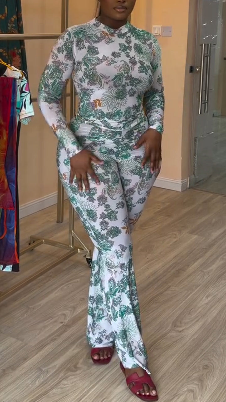 Women Round Neck Printed Long Sleeved Top + Pants Casual Suit