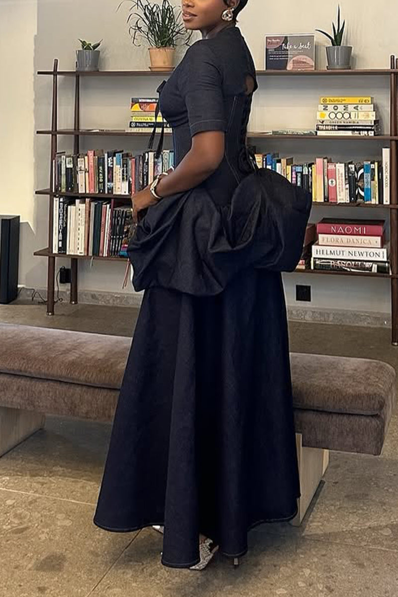 Women V-neck Splicing Elegant Temperament Denim Dress