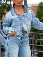 Women Collared Jacket + Pants Casual Denim Set