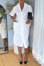 Women Collar and Waist Cinching Elegant Temperament Solid Color Dress