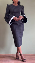 Women Round Neck Waist Cinched Flared Sleeve Design Elegant Temperament Dress