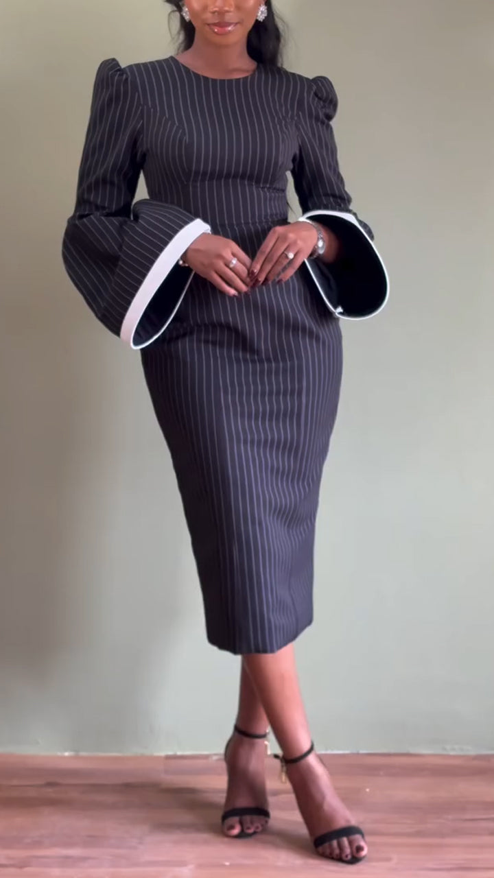 Women Round Neck Waist Cinched Flared Sleeve Design Elegant Temperament Dress
