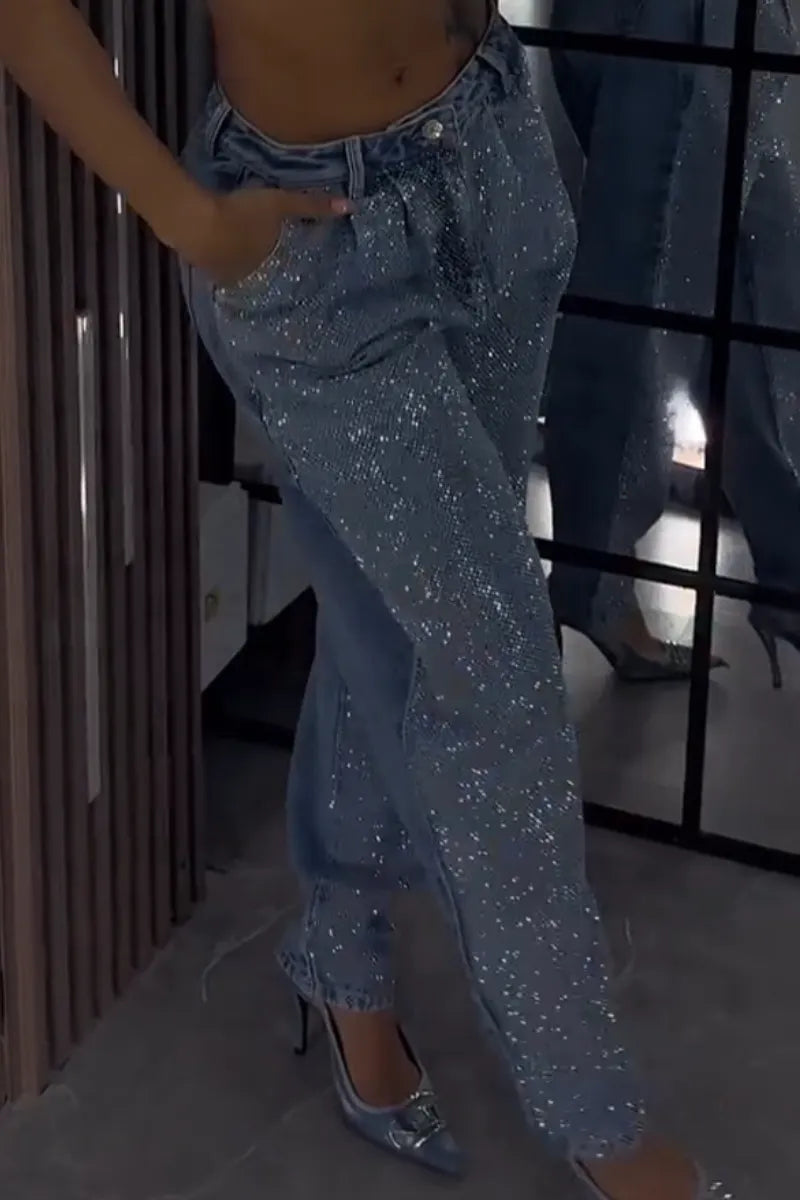 Women Strap Denim Hot Diamond Top+ Pants Casual Set
