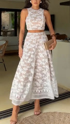 Women Round Neck Sleeveless Embroidered Pattern Top + Patchwork Half Skirt Vacation Casual Style Set