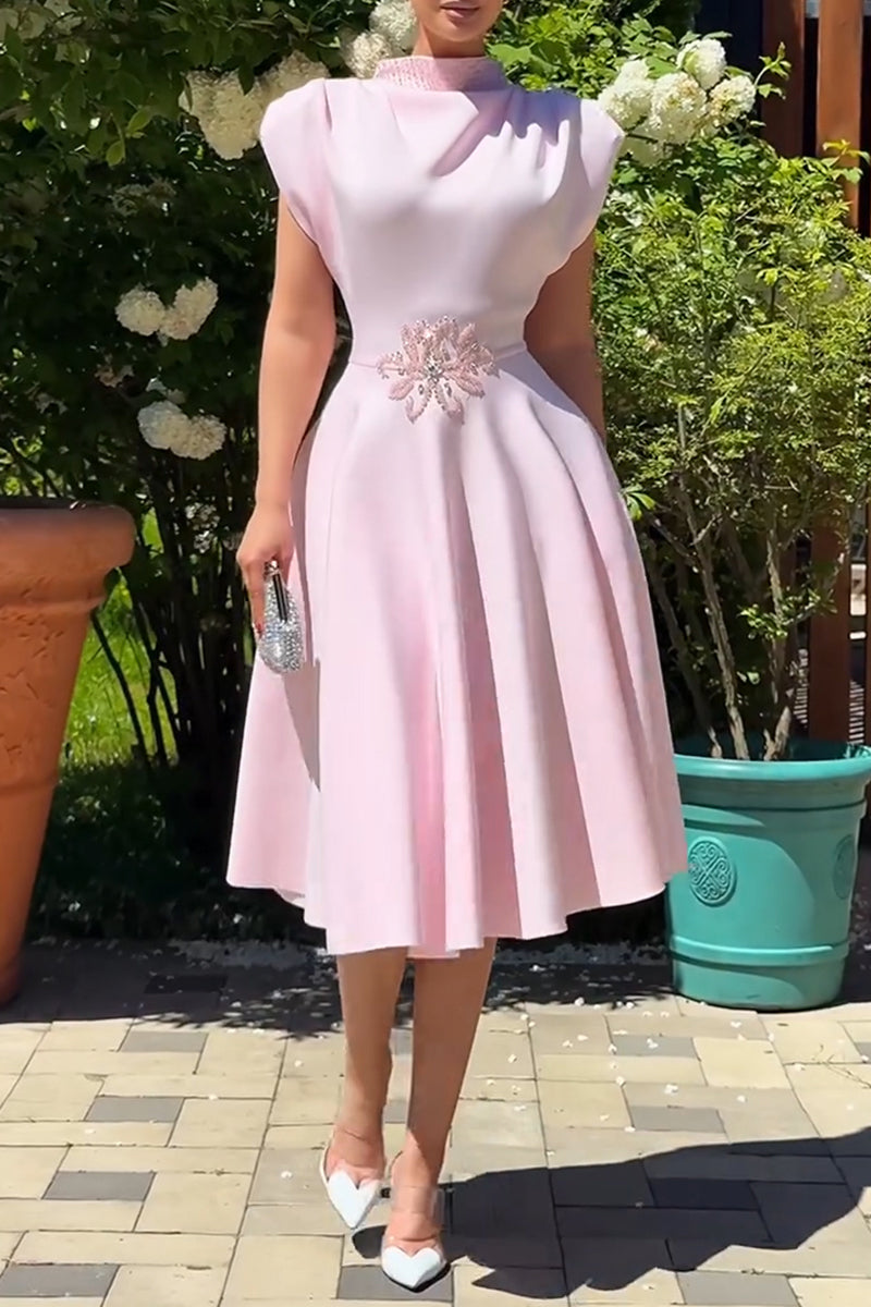 Women's Elegant Wide Shoulder Beaded A Line Midi Dress