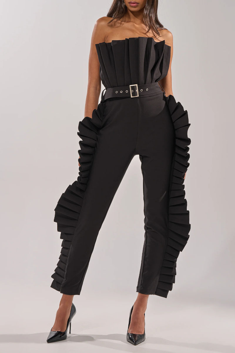 Women's Structured Pleated Trim Strapless Jumpsuit With Waist Belt