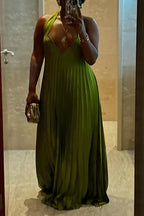 Women's Satin Pleated Halter Evening Gown in Vibrant Green
