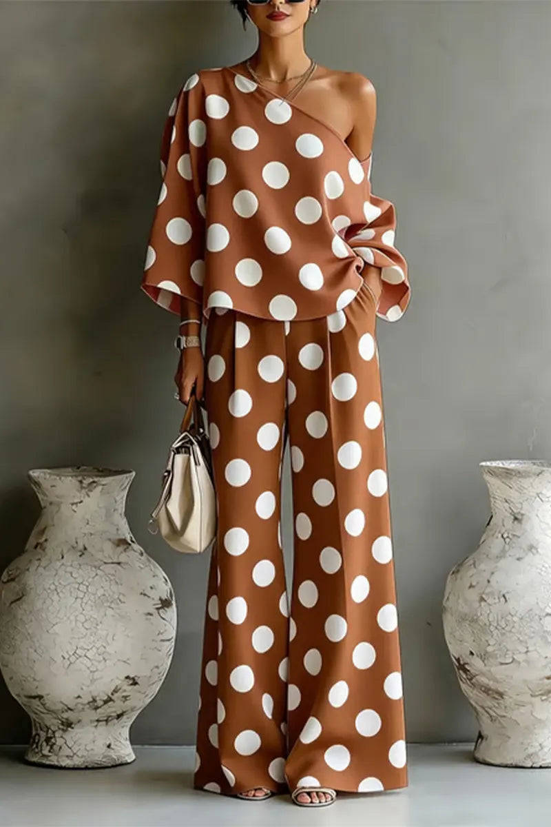 Women Colorful Polka Dot Off Shoulder Top+ Wide Leg Pants Two-piece Set