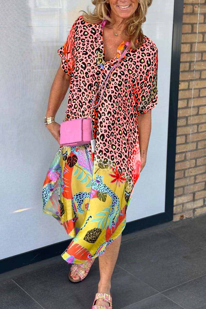 Women's Summer Plus Size Dress Casual Leopard Print Short Sleeve Dress