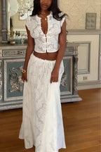 Women Round Neck Lace Printed Top+ Half Skirt Elegant Temperament Set