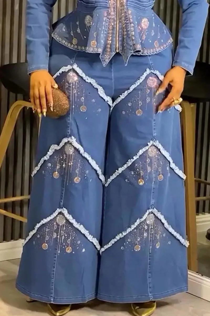 Women's Rhinestone Embellished Peplum Top And Wide Leg Pants Set