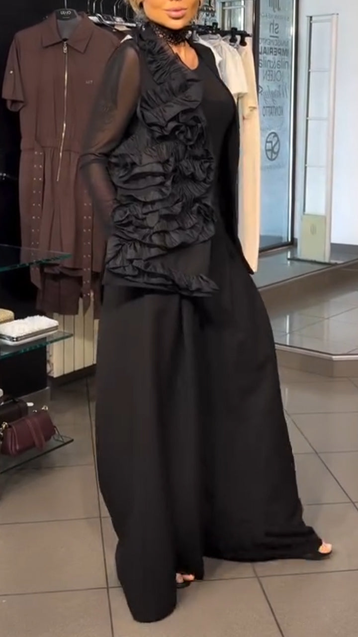 Womens Patchwork Ruffled Vest + Wide Leg Pants Temperament Commuting Set