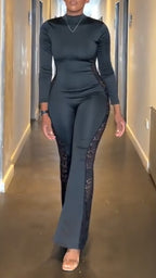 Women Round Neck Slim Fit Lace Patterned Casual Jumpsuit with Side Stitching
