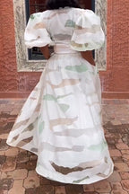 Women's Elegant Print Puff Sleeve Waist-Defined Dress