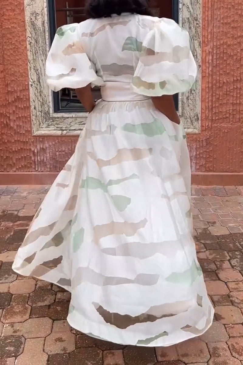 Women's Elegant Print Puff Sleeve Waist-Defined Dress
