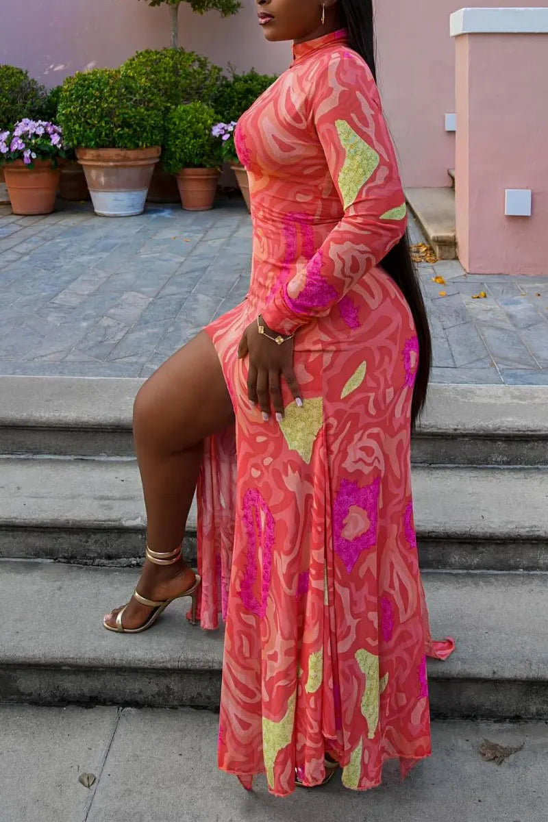 Women's Tropical Abstract Print  Dress With High Slit