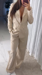 Women Laple Collar Nail Bead Decorative Jacket+ Pants Temperament Commuting Set