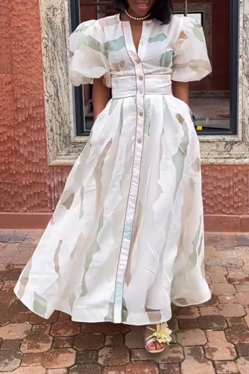 Women's Elegant Print Puff Sleeve Waist-Defined Dress