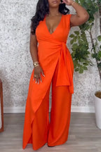 Women's Casual V Neck Layered Tie Wide Leg Jumpsuit