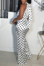 Women's Casual Sleeveless Polka Dot Halter Jumpsuit with High Waist, Keyhole Front & Pockets