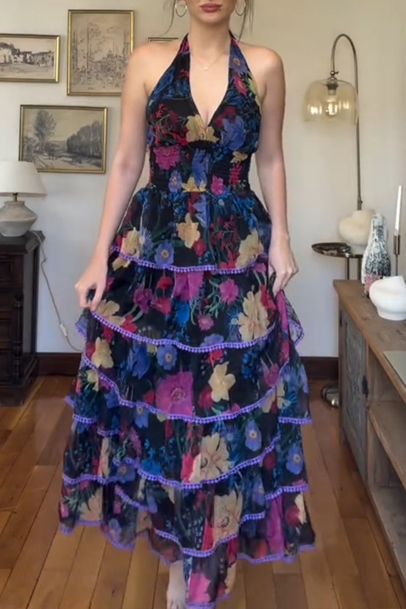 Women's Elegant Resort Layered Hem Floral Dress