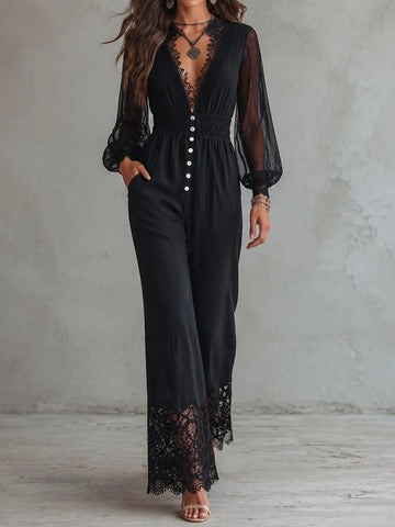 Retro Elegant Black Sheer Long Sleeves Lace Triml Wide-Leg Jumpsuit