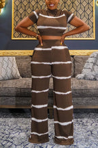 Women's Casual Striped Ribbed Knit Two-Piece Outfit with Mock Neck Crop Top or Pants