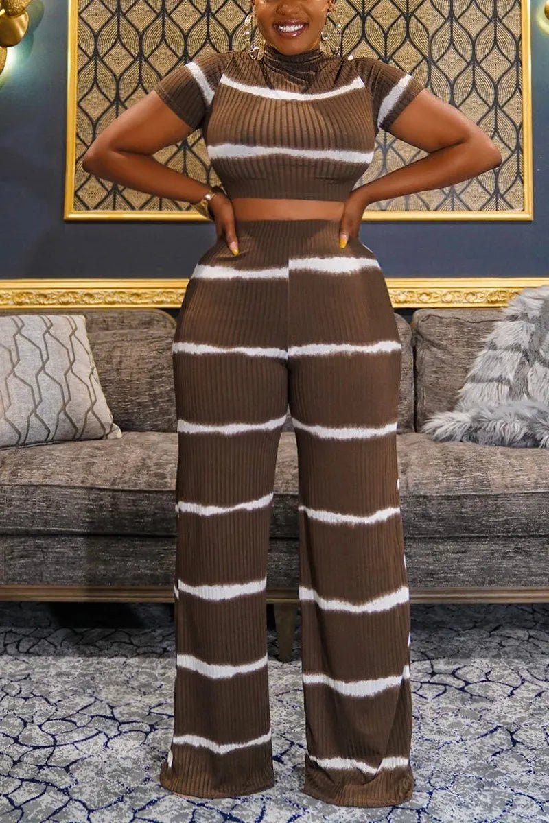 Women's Casual Striped Ribbed Knit Two-Piece Outfit with Mock Neck Crop Top or Pants